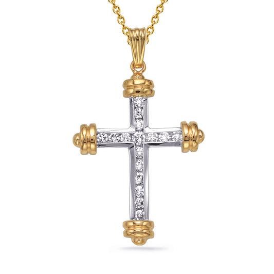 This Pendant is available in 14K Yellow & White Gold. There are a total of 16 stones. There are Rounds with a total carat weight of 0.42 set in a  setting.