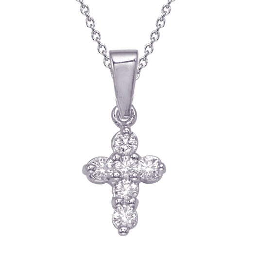 This Pendant is available in 14K White Gold. There are a total of 6 stones. There are Rounds with a total carat weight of 0.26 set in a  setting.