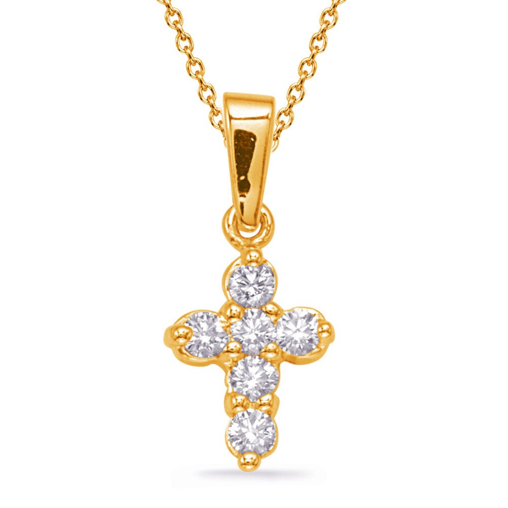 This Pendant is available in 14K Yellow Gold. There are a total of 6 stones. There are Rounds with a total carat weight of 0.26 set in a  setting.