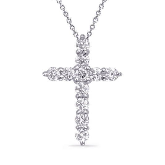 This Pendant is available in 14K White Gold. There are a total of 11 stones. There are Rounds with a total carat weight of 0.5 set in a  setting.