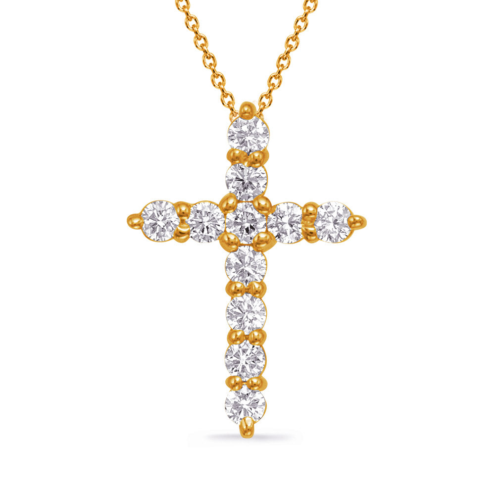This Pendant is available in 14K Yellow Gold. There are a total of 11 stones. There are Rounds with a total carat weight of 0.5 set in a  setting.