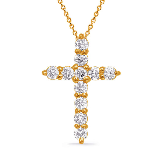 This Pendant is available in 14K Yellow Gold. There are a total of 11 stones. There are Rounds with a total carat weight of 0.5 set in a  setting.