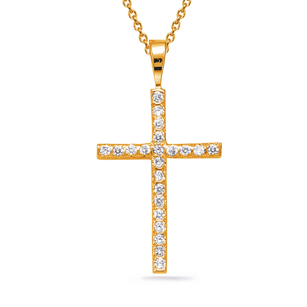 This Pendant is available in 14K Yellow Gold. There are a total of 22 stones. There are Rounds with a total carat weight of 0.19 set in a  setting.