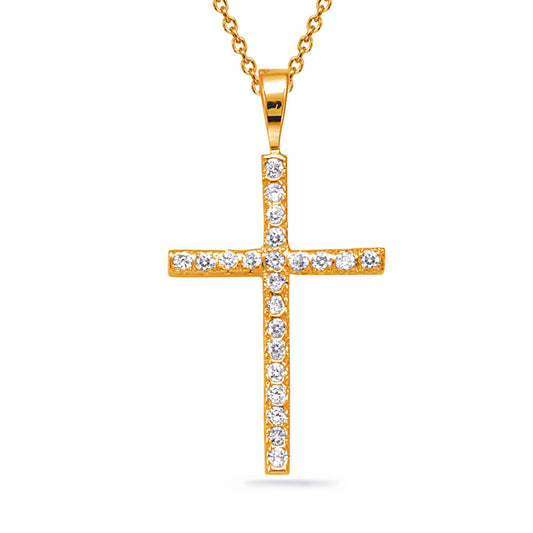 This Pendant is available in 14K Yellow Gold. There are a total of 22 stones. There are Rounds with a total carat weight of 0.19 set in a  setting.