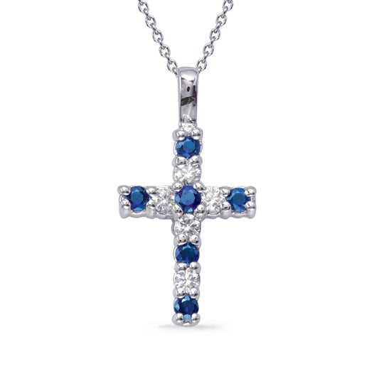 This Pendant is available in 14K White Gold. There are a total of 11 stones. There are Rounds with a total carat weight of 0.29 set in a Prong Set setting.There are Sapphire stones with a total carat weight of 0.56 set in a Prong Set.