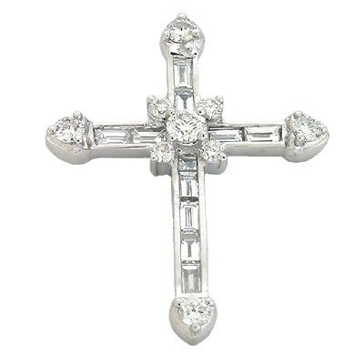 This Pendant is available in 14K White Gold. There are a total of 20 stones. There are Baguette with a total carat weight of 0.39 set in a  setting.There are Rounds stones with a total carat weight of 0.38 set in a .