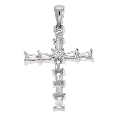 This Pendant is available in 14K White Gold. There are a total of 11 stones. There are Rounds with a total carat weight of 0.06 set in a  setting.There are Tapered Baguettes stones with a total carat weight of 0.41 set in a .