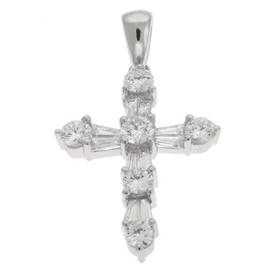 This Pendant is available in 14K White Gold. There are a total of 16 stones. There are Rounds with a total carat weight of 0.37 set in a Channel Set|Prong Set setting.There are Tapered Baguettes stones with a total carat weight of 0.22 set in a Channel Set|Prong Set.