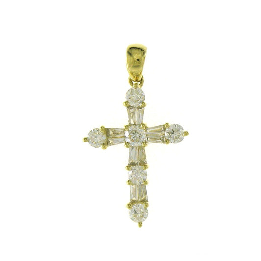 This Pendant is available in 14K Yellow Gold. There are a total of 16 stones. There are Rounds with a total carat weight of 0.37 set in a Channel Set|Prong Set setting.There are Tapered Baguettes stones with a total carat weight of 0.22 set in a Channel Set|Prong Set.