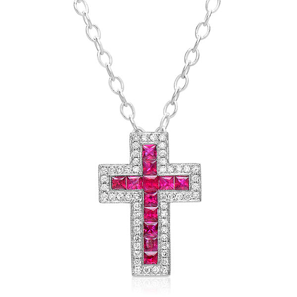 This Pendant is available in 14K White Gold. There are a total of 66 stones. There are Rounds with a total carat weight of 0.39 set in a Channel Set|Micro Pave setting.There are Ruby stones with a total carat weight of 1.28 set in a Channel Set|Micro Pave.