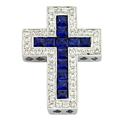 This Pendant is available in 14K White Gold. There are a total of 66 stones. There are Rounds with a total carat weight of 0.39 set in a Channel Set|Micro Pave setting.There are Sapphire stones with a total carat weight of 1.12 set in a Channel Set|Micro Pave.