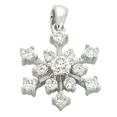This Pendant is available in 14K White Gold. There are a total of 13 stones. There are Rounds with a total carat weight of 0.44 set in a Prong Set setting.
