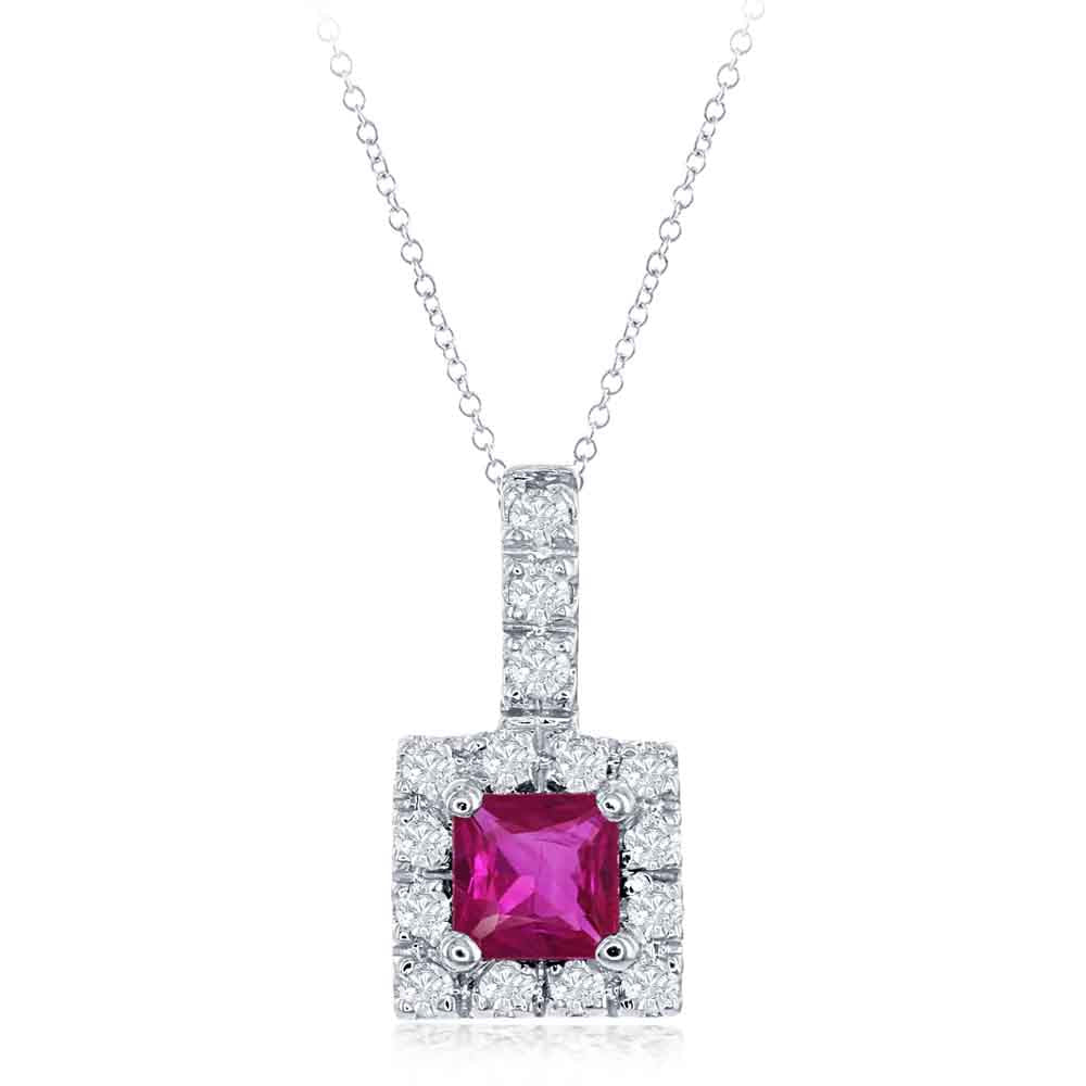 This Pendant is available in 14K White Gold. There are a total of 16 stones. There are Rounds with a total carat weight of 0.16 set in a  setting.There are Ruby stones with a total carat weight of 0.43 set in a .