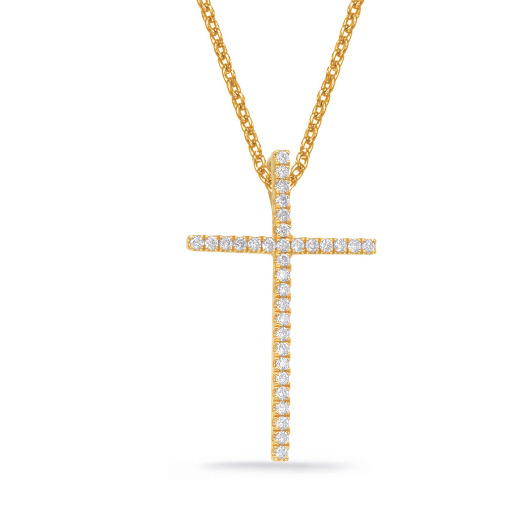 This Pendant is available in 14K Yellow Gold. There are a total of 33 stones. There are Rounds with a total carat weight of 0.23 set in a Micro Prong setting.