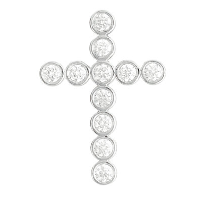 This Pendant is available in 14K White Gold. There are a total of 11 stones. There are Rounds with a total carat weight of 1.24 set in a Bezel Set setting.