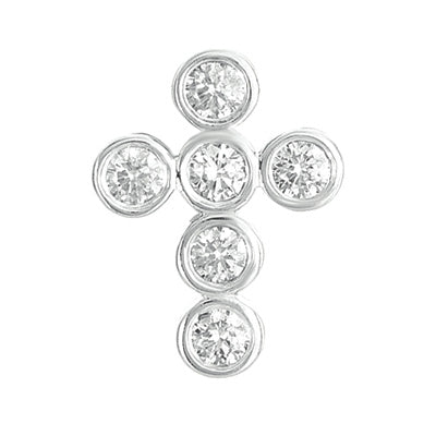 This Pendant is available in 14K White Gold. There are a total of 6 stones. There are Rounds with a total carat weight of 0.5 set in a Bezel Set setting.