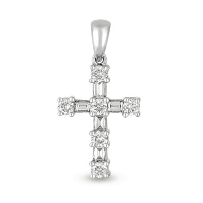 This Pendant is available in 14K White Gold. There are a total of 11 stones. There are Baguette with a total carat weight of 0.15 set in a Channel Set|Prong Set setting.There are Rounds stones with a total carat weight of 0.24 set in a Channel Set|Prong Set.