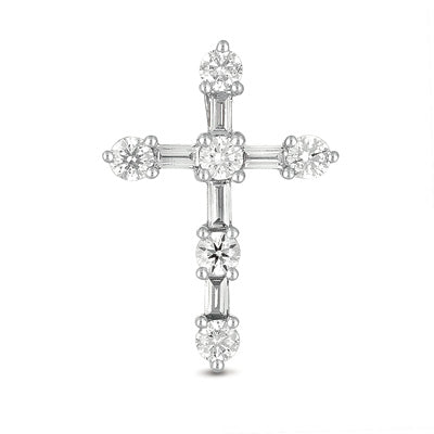 This Pendant is available in 14K White Gold. There are a total of 11 stones. There are Baguette with a total carat weight of 0.21 set in a  setting.There are Rounds stones with a total carat weight of 0.43 set in a .