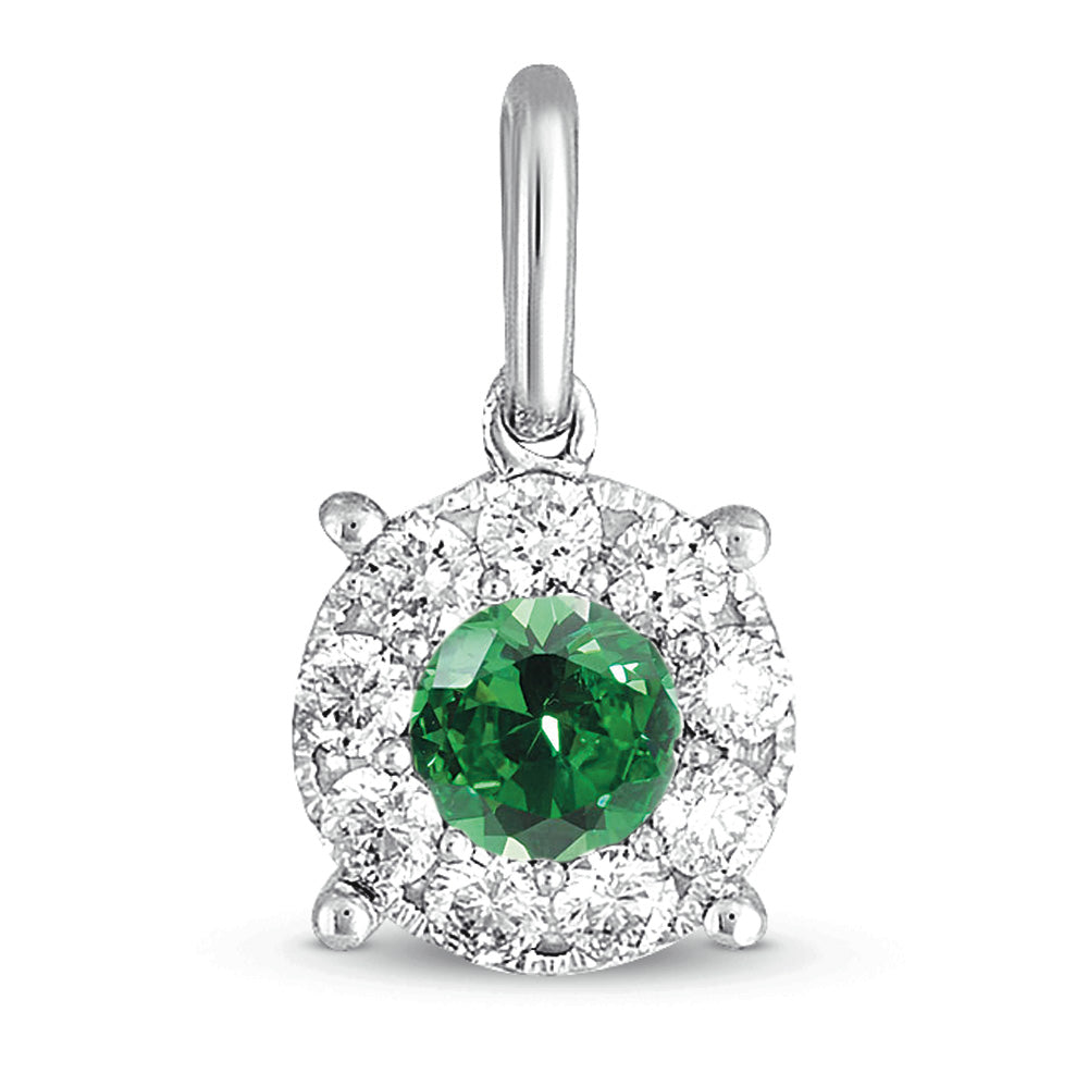This Pendant is available in 14K White Gold. There are a total of 10 stones. There are Emerald with a total carat weight of 0.22 set in a  setting.There are Rounds stones with a total carat weight of 0.21 set in a .