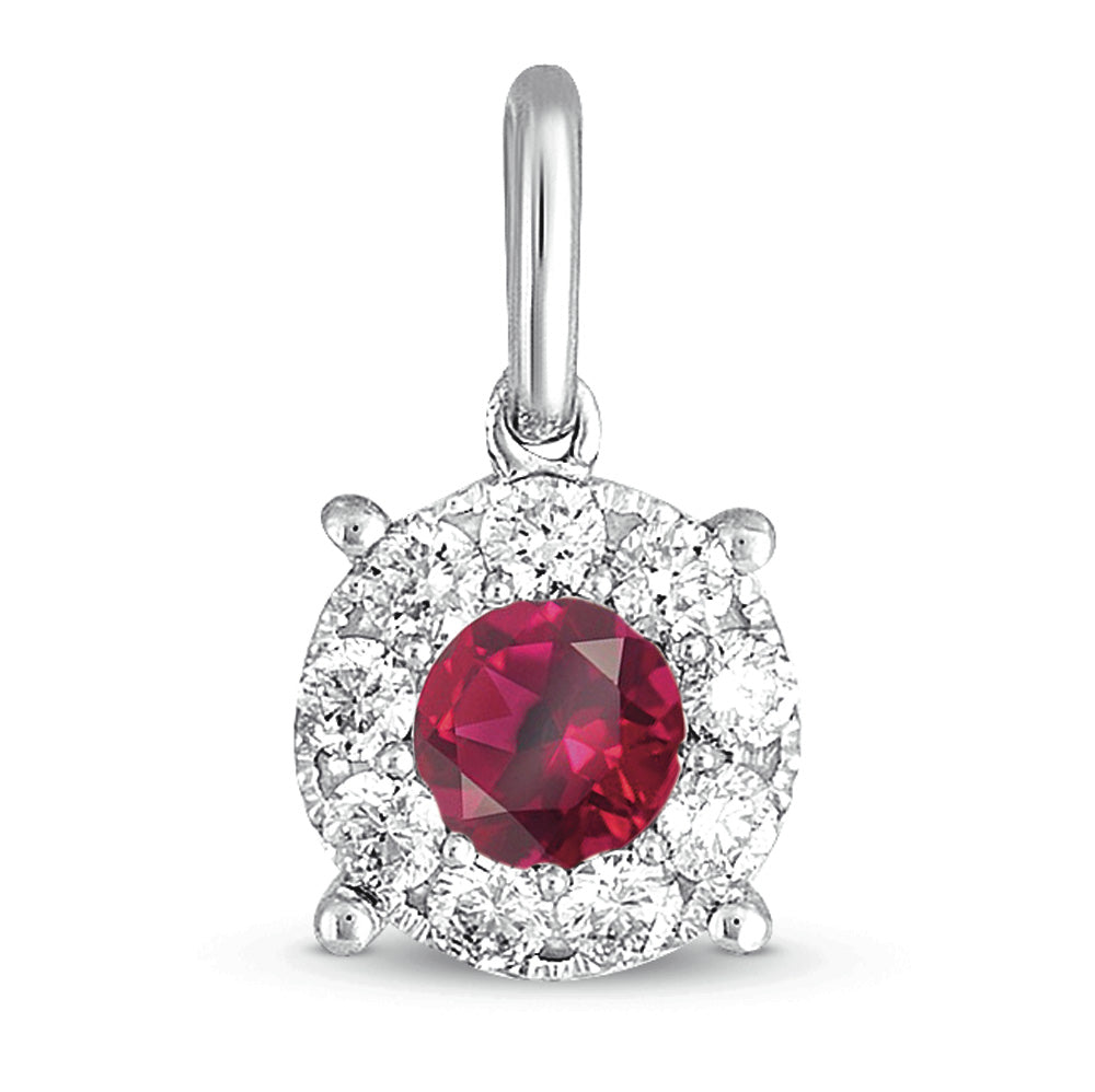 This Pendant is available in 14K White Gold. There are a total of 10 stones. There are Rounds with a total carat weight of 0.21 set in a  setting.There are Ruby stones with a total carat weight of 0.22 set in a .