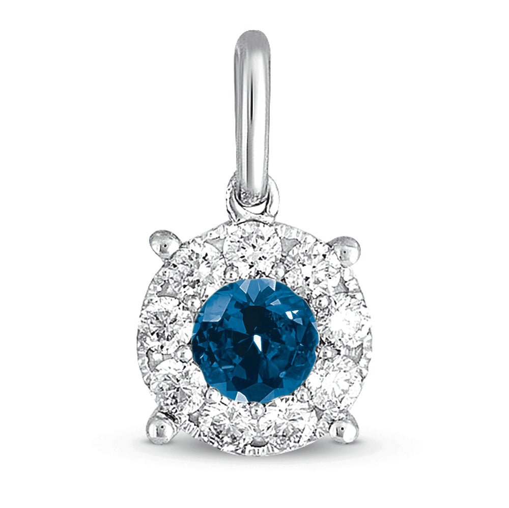 This Pendant is available in 14K White Gold. There are a total of 10 stones. There are Rounds with a total carat weight of 0.21 set in a  setting.There are Sapphire stones with a total carat weight of 0.22 set in a .