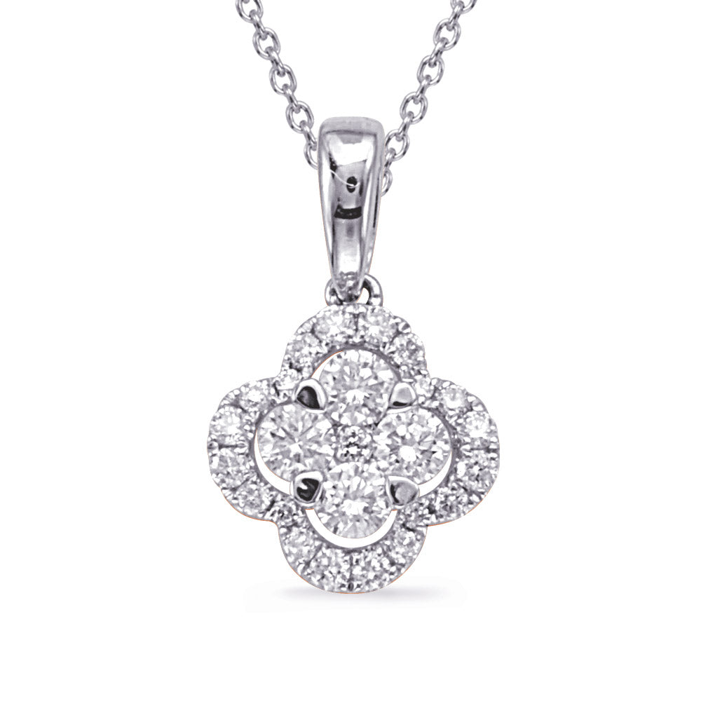 This Pendant is available in 14K White Gold. There are a total of 25 stones. There are Rounds with a total carat weight of 0.39 set in a  setting.