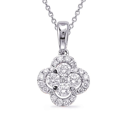 This Pendant is available in 14K White Gold. There are a total of 25 stones. There are Rounds with a total carat weight of 0.39 set in a  setting.