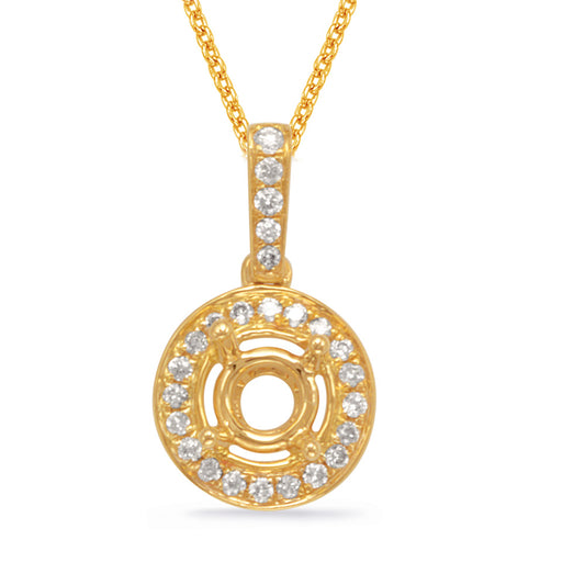This Pendant is available in 14K Yellow Gold. There are a total of 23 stones. There are Rounds with a total carat weight of 0.1 set in a Micro Pave setting.