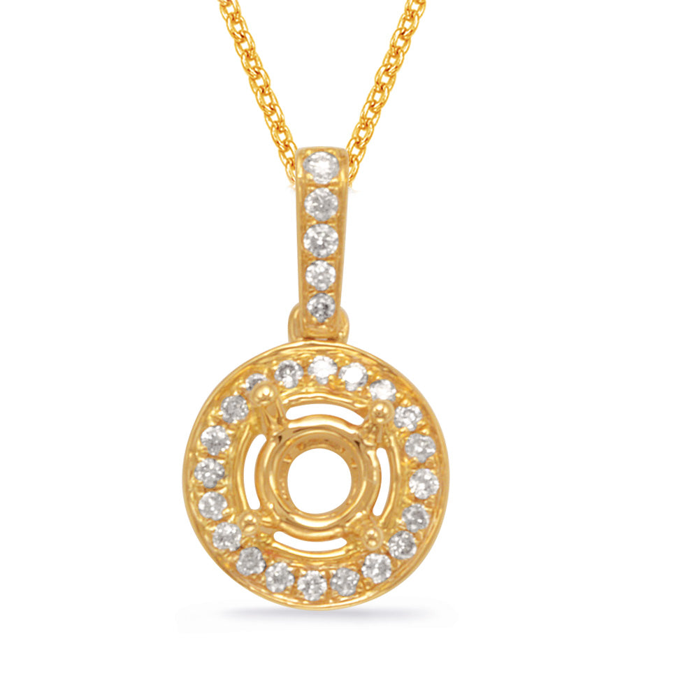 This Pendant is available in 14K Yellow Gold. There are a total of 23 stones. There are Rounds with a total carat weight of 0.1 set in a Micro Pave setting.