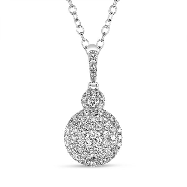 This Pendant is available in 14K White Gold. There are a total of 62 stones. There are Rounds with a total carat weight of 0.93 set in a Micro Prong|Prong Set setting.
