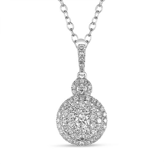 This Pendant is available in 14K White Gold. There are a total of 62 stones. There are Rounds with a total carat weight of 0.93 set in a Micro Prong|Prong Set setting.