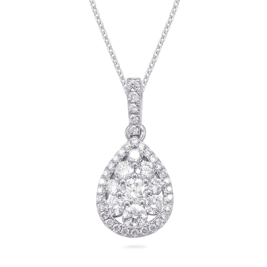 This Pendant is available in 14K White Gold. There are a total of 42 stones. There are Rounds with a total carat weight of 0.61 set in a Micro Prong|Prong Set setting.