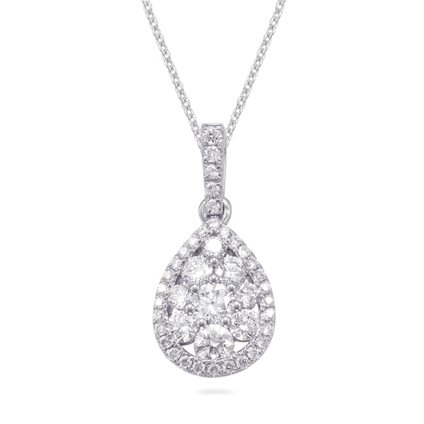 This Pendant is available in 14K White Gold. There are a total of 42 stones. There are Rounds with a total carat weight of 0.61 set in a Micro Prong|Prong Set setting.