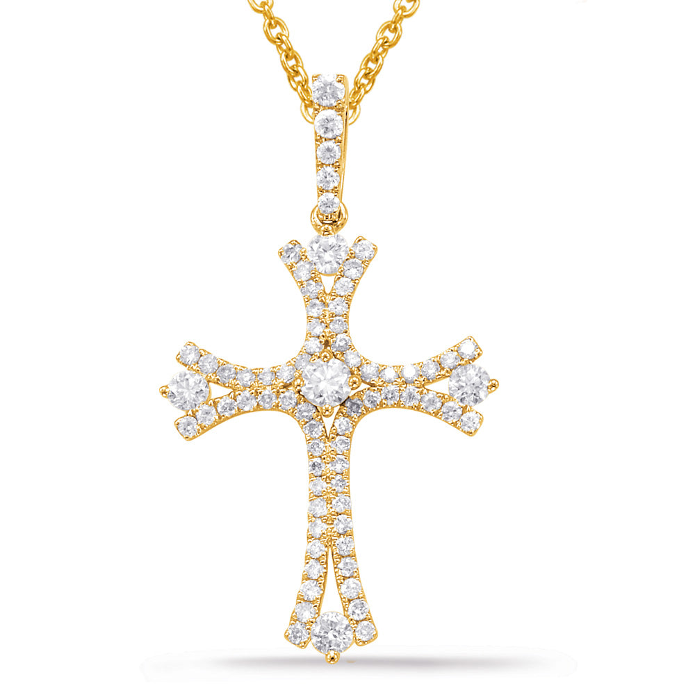 This Pendant is available in 14K Yellow Gold. There are a total of 72 stones. There are Rounds with a total carat weight of 0.64 set in a Micro Prong|Prong Set setting.