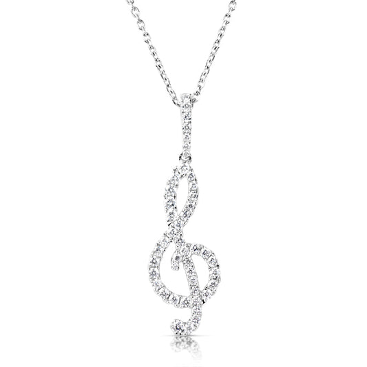 This Pendant is available in 14K White Gold. There are a total of 46 stones. There are Rounds with a total carat weight of 0.45 set in a  setting.