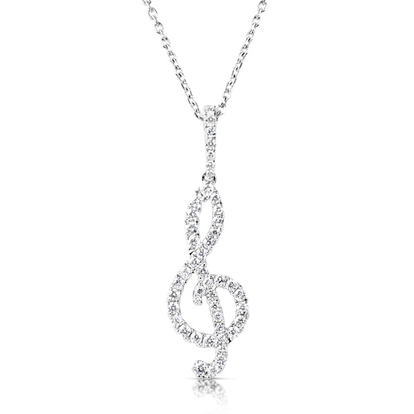 This Pendant is available in 14K White Gold. There are a total of 46 stones. There are Rounds with a total carat weight of 0.45 set in a  setting.