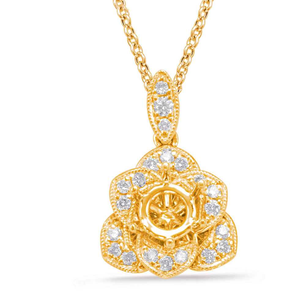 This Pendant is available in 14K Yellow Gold. There are a total of 21 stones. There are Rounds with a total carat weight of 0.16 set in a Micro Prong setting.