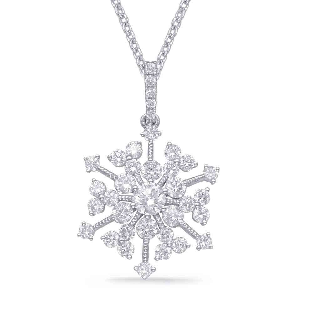 This Pendant is available in 14K White Gold. There are a total of 36 stones. There are Rounds with a total carat weight of 1.12 set in a Micro Prong|Prong Set|Shared Prongs setting.
