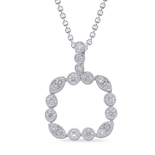 This Pendant is available in 14K White Gold. There are a total of 19 stones. There are Rounds with a total carat weight of 0.42 set in a Bezel Set|Micro Prong setting.
