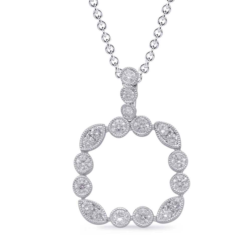 This Pendant is available in 14K White Gold. There are a total of 19 stones. There are Rounds with a total carat weight of 0.42 set in a Bezel Set|Micro Prong setting.
