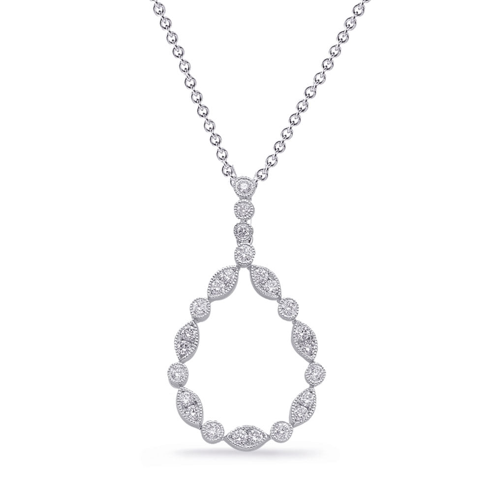 This Pendant is available in 14K White Gold. There are a total of 24 stones. There are Rounds with a total carat weight of 0.45 set in a Bezel Set|Micro Prong setting.