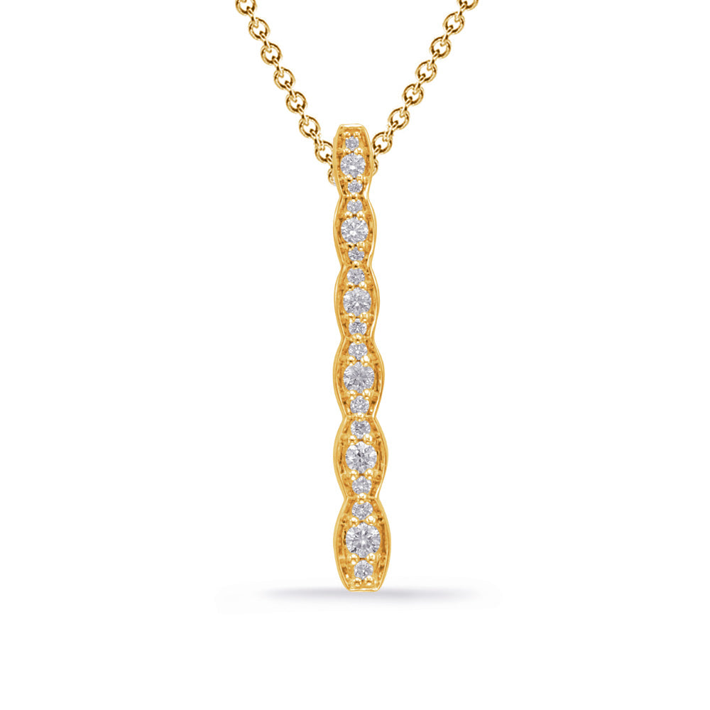 This Pendant is available in 14K Yellow Gold. There are a total of 18 stones. There are Rounds with a total carat weight of 0.17 set in a Prong Set|Shared Prongs setting.