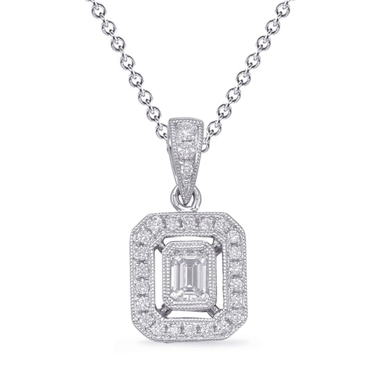 This Pendant is available in 14K White Gold. There are a total of 26 stones. There are Emerald Cut with a total carat weight of 0.24 set in a Bezel Set|Micro Prong setting.There are Rounds stones with a total carat weight of 0.14 set in a Bezel Set|Micro Prong.