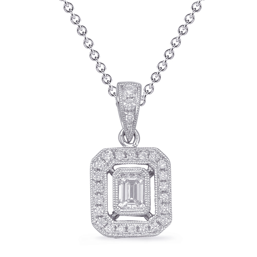 This Pendant is available in 14K White Gold. There are a total of 26 stones. There are Emerald Cut with a total carat weight of 0.24 set in a Bezel Set|Micro Prong setting.There are Rounds stones with a total carat weight of 0.14 set in a Bezel Set|Micro Prong.