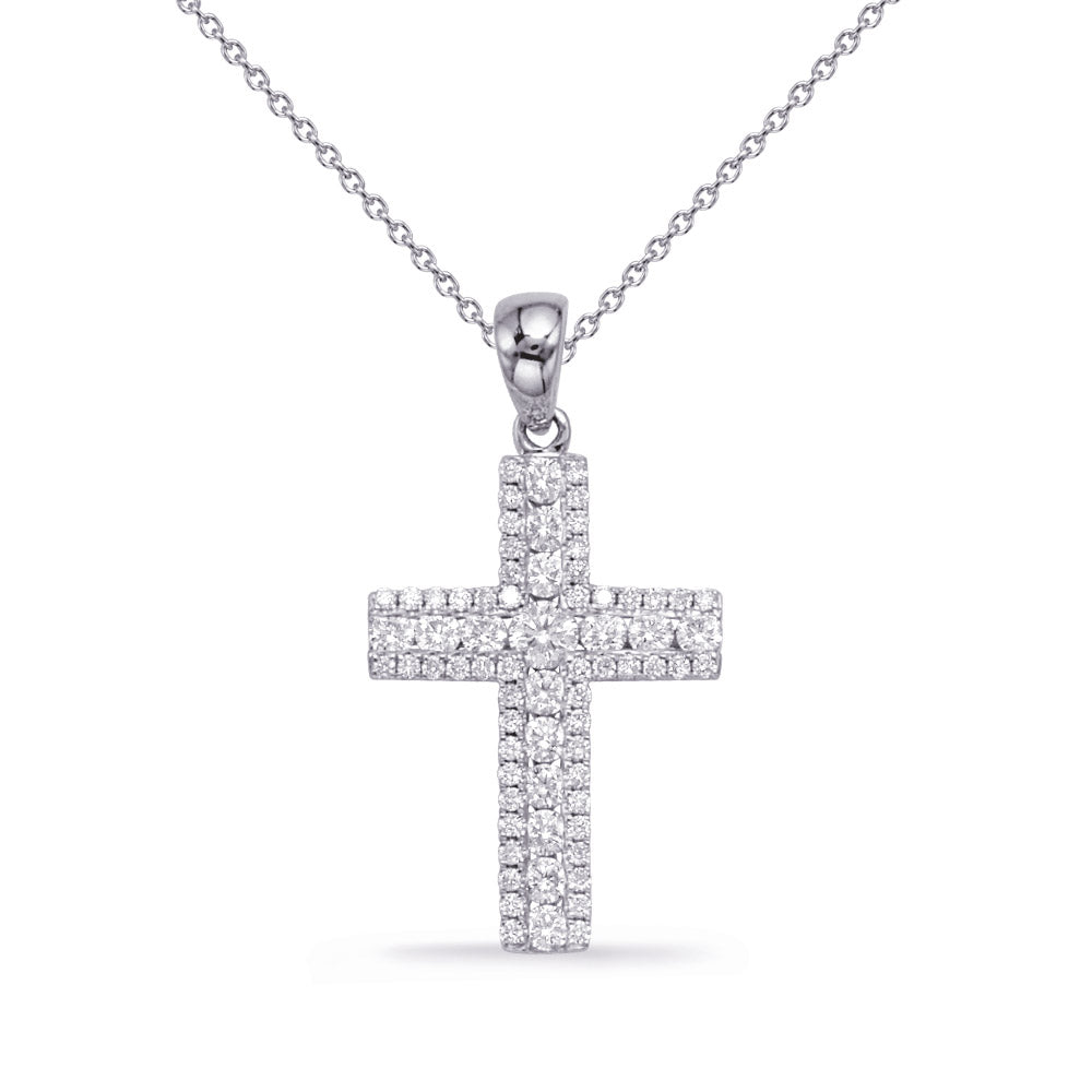 This Pendant is available in 14K White Gold. There are a total of 70 stones. There are Rounds with a total carat weight of 0.54 set in a Channel Set|Micro Prong setting.