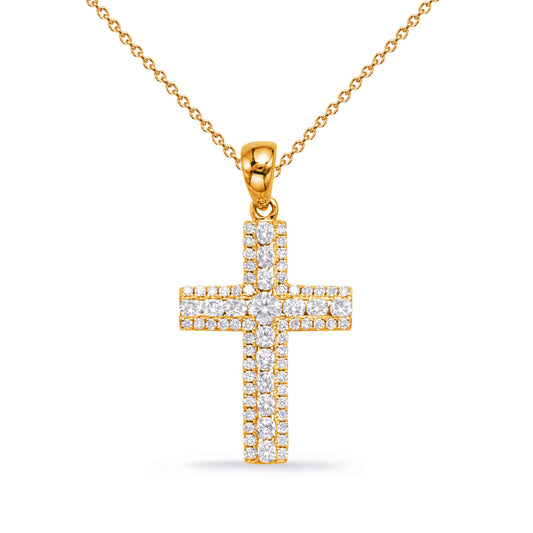 This Pendant is available in 14K Yellow Gold. There are a total of 70 stones. There are Rounds with a total carat weight of 0.54 set in a Channel Set|Micro Prong setting.