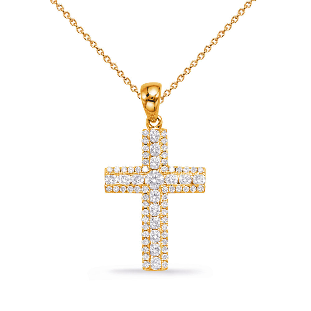This Pendant is available in 14K Yellow Gold. There are a total of 70 stones. There are Rounds with a total carat weight of 0.54 set in a Channel Set|Micro Prong setting.