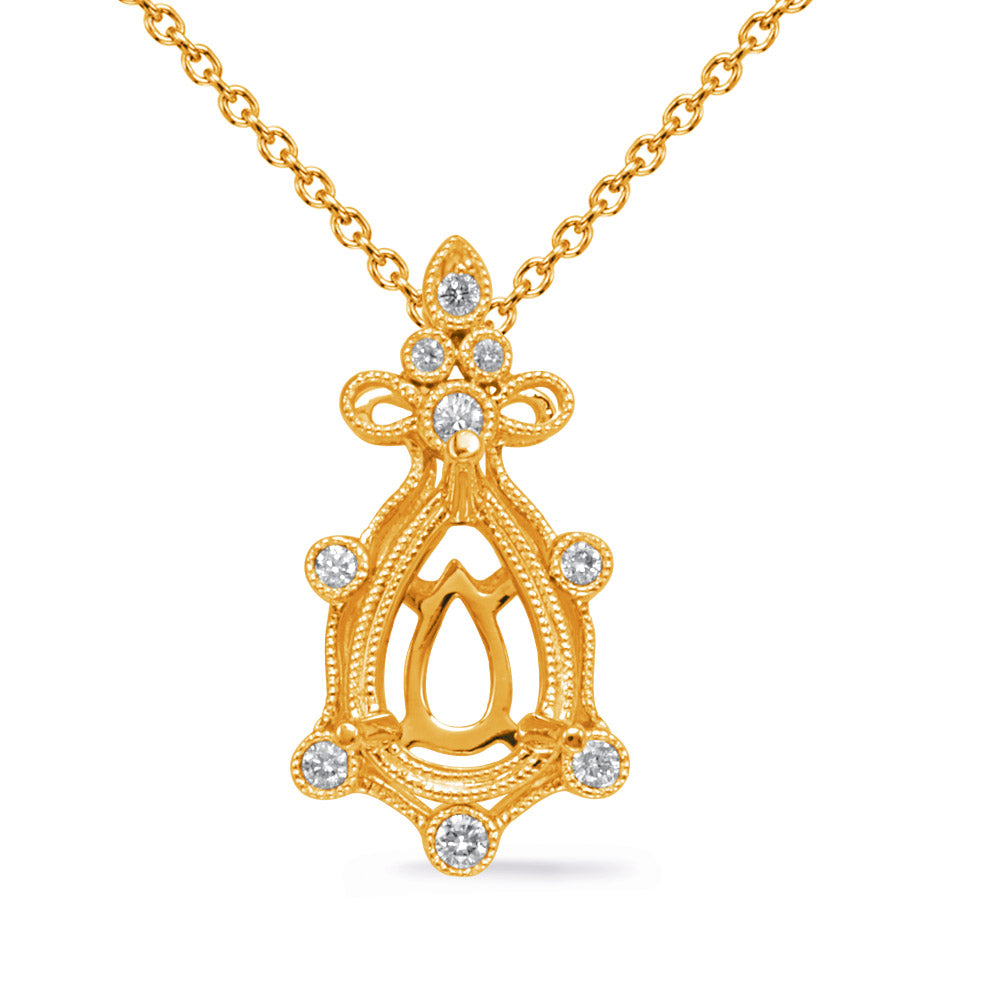 This Pendant is available in 14K Yellow Gold. There are a total of 9 stones. There are Rounds with a total carat weight of 0.06 set in a Bezel Set setting.