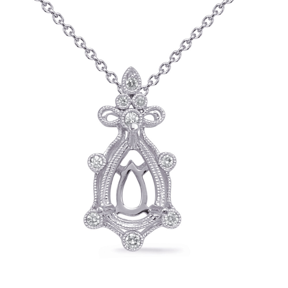 This Pendant is available in 14K White Gold. There are a total of 9 stones. There are Rounds with a total carat weight of 0.1 set in a Bezel Set setting.