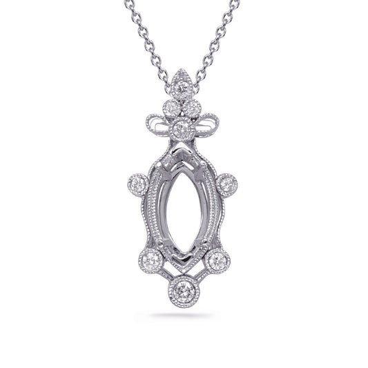 This Pendant is available in 14K White Gold. There are a total of 9 stones. There are Rounds with a total carat weight of 0.05 set in a Bezel Set setting.